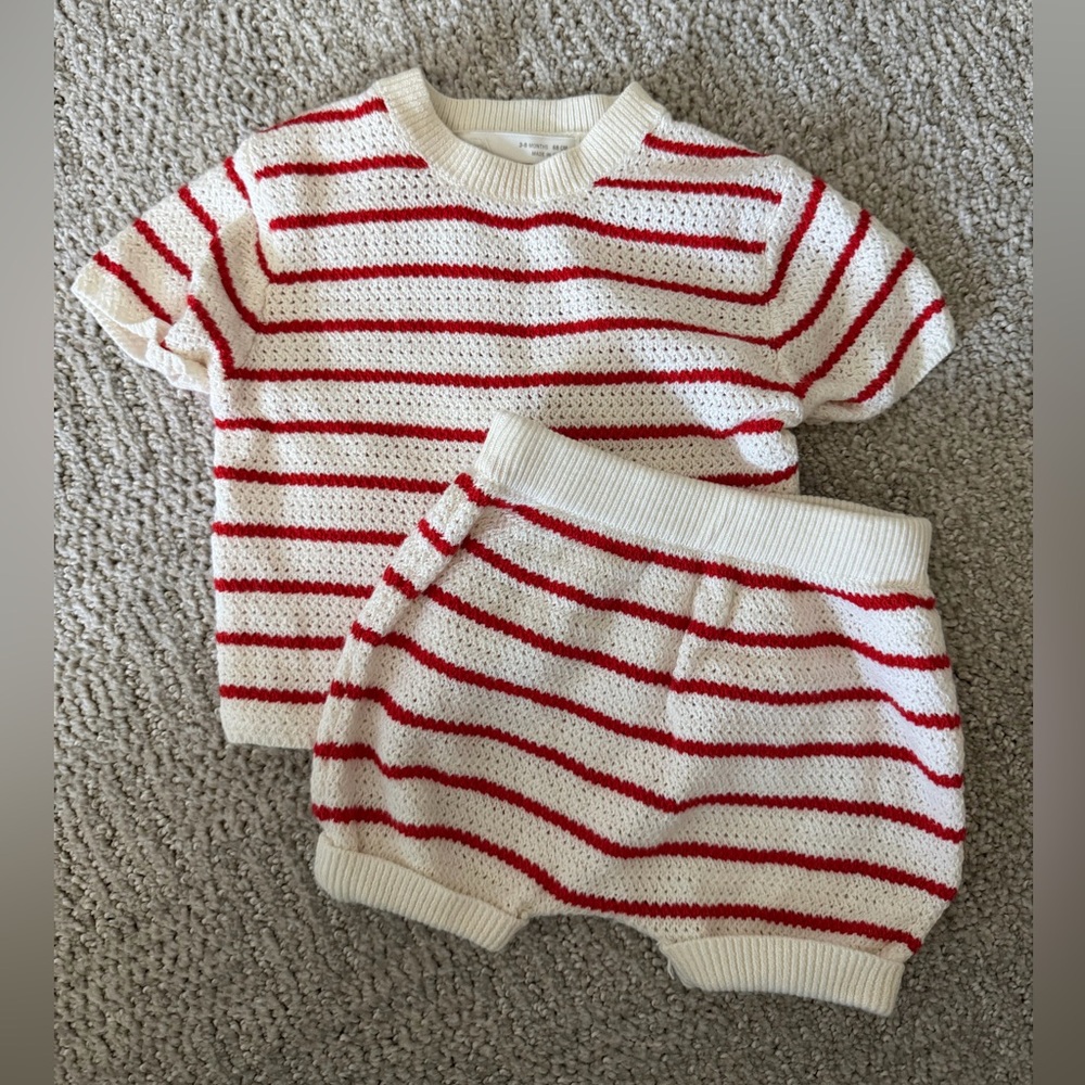 GUC Zara Striped Red and White Baby Knit Set (3-6 months)